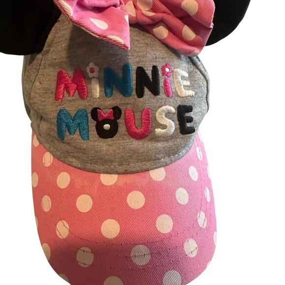 Disney Minnie Mouse Spell Out Hat Bow Ears Pink Polka Dot Gray Kids Cap OSFM - Picture 3 of 4